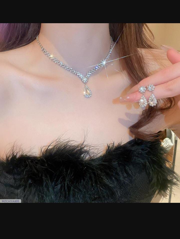 Diamond Water Drop Tassel Necklace with  Earring