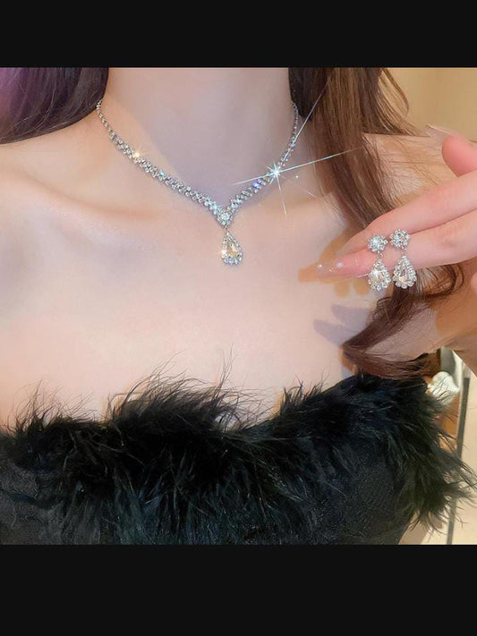 Diamond Water Drop Tassel Necklace with  Earring
